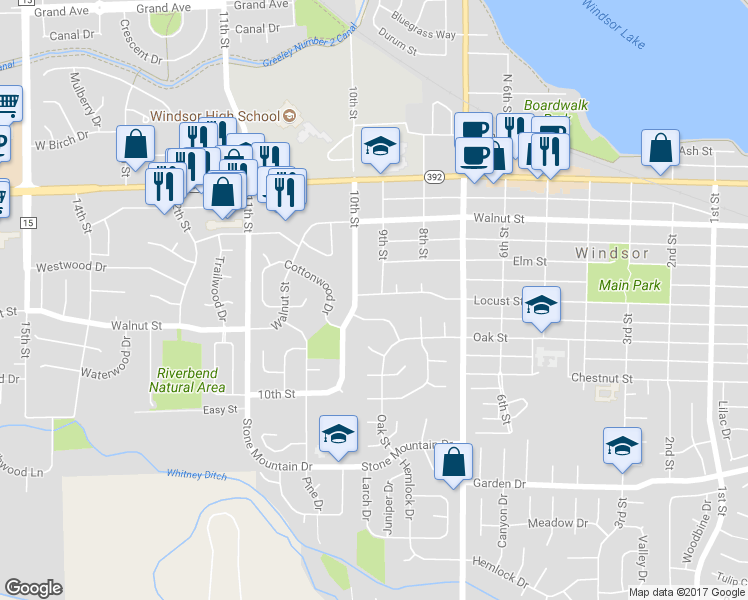 map of restaurants, bars, coffee shops, grocery stores, and more near 911 Locust Street in Windsor