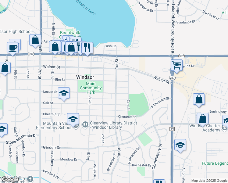 map of restaurants, bars, coffee shops, grocery stores, and more near 428 1st Street in Windsor