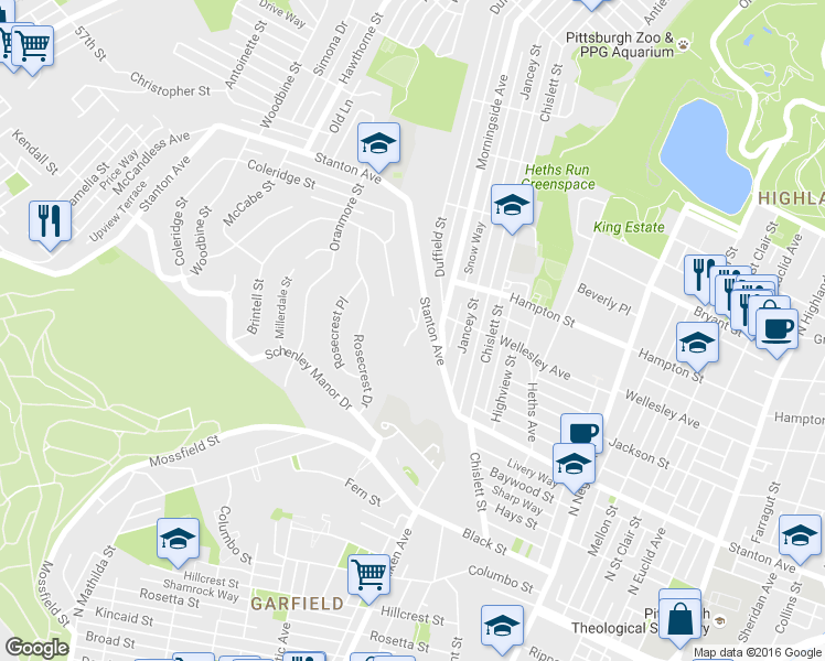 map of restaurants, bars, coffee shops, grocery stores, and more near 5200 Stanton Ave in Pittsburgh