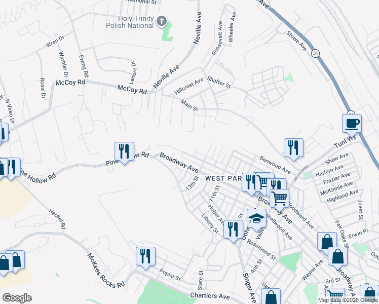 map of restaurants, bars, coffee shops, grocery stores, and more near 1406 Woodward Ave in McKees Rocks
