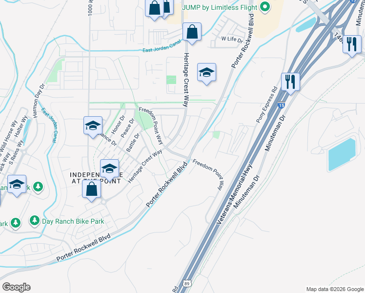 map of restaurants, bars, coffee shops, grocery stores, and more near 15166 Gallant Drive in Bluffdale