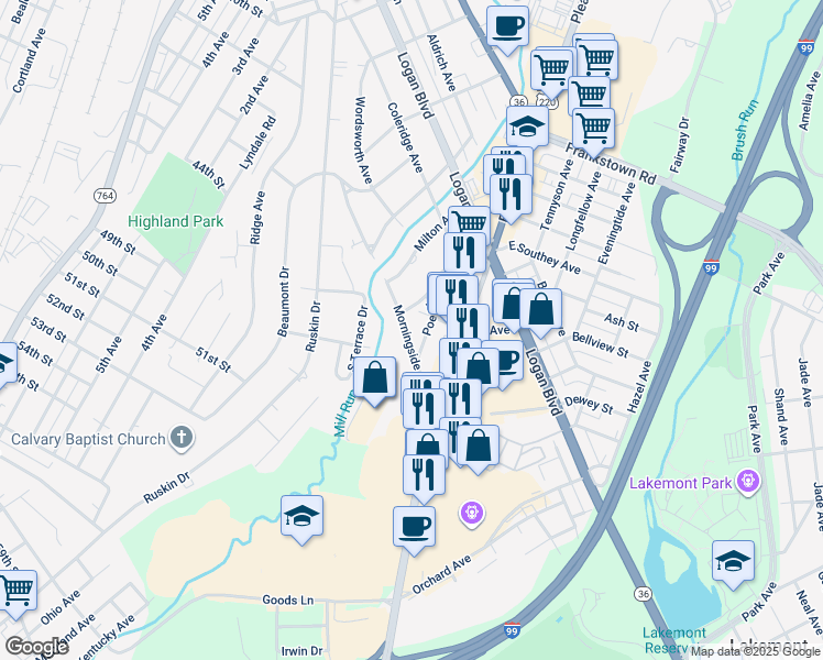 map of restaurants, bars, coffee shops, grocery stores, and more near 607 Morningside Ave in Altoona