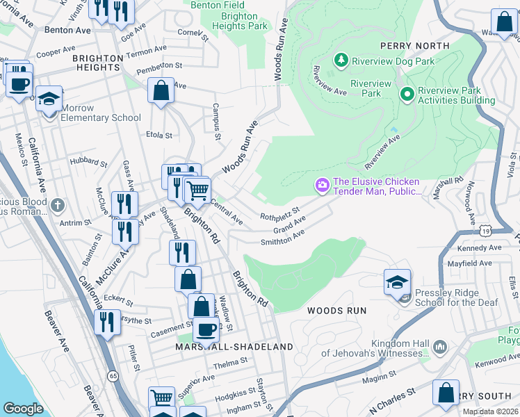 map of restaurants, bars, coffee shops, grocery stores, and more near 1034 Rothpletz Street in Pittsburgh