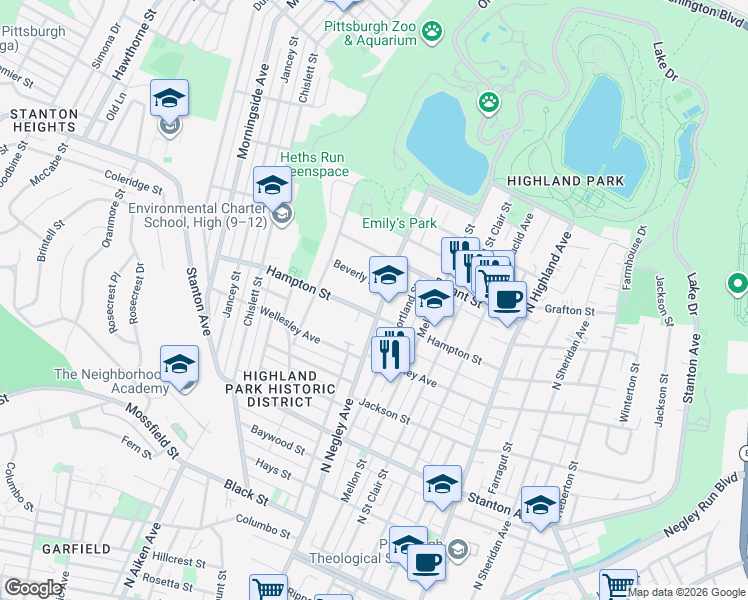 map of restaurants, bars, coffee shops, grocery stores, and more near 1121 North Negley Avenue in Pittsburgh