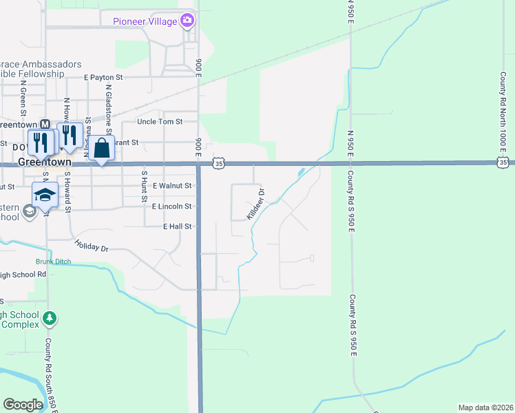 map of restaurants, bars, coffee shops, grocery stores, and more near 1147 Killdeer Drive in Greentown