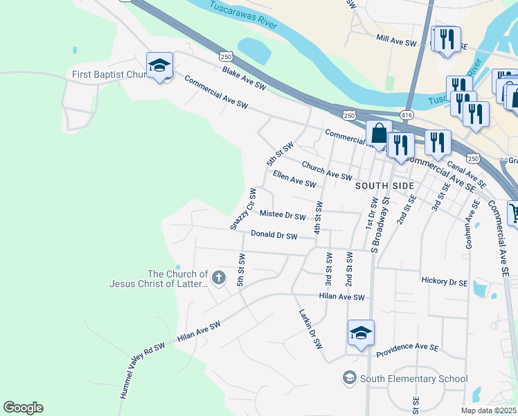 map of restaurants, bars, coffee shops, grocery stores, and more near 491 Mistee Dr SW in New Philadelphia