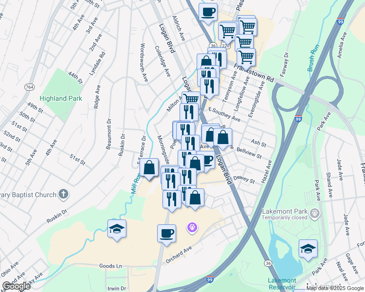 map of restaurants, bars, coffee shops, grocery stores, and more near 606 Quail Avenue in Altoona
