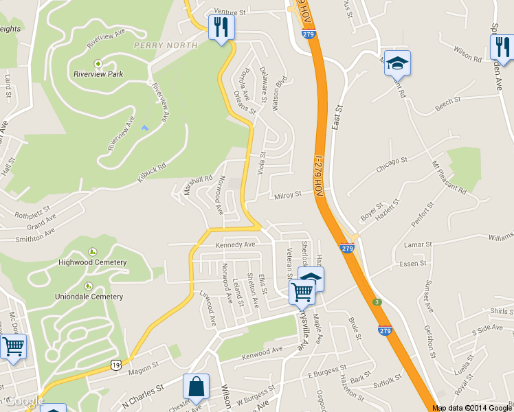 map of restaurants, bars, coffee shops, grocery stores, and more near 6 Milroy Street in Pittsburgh