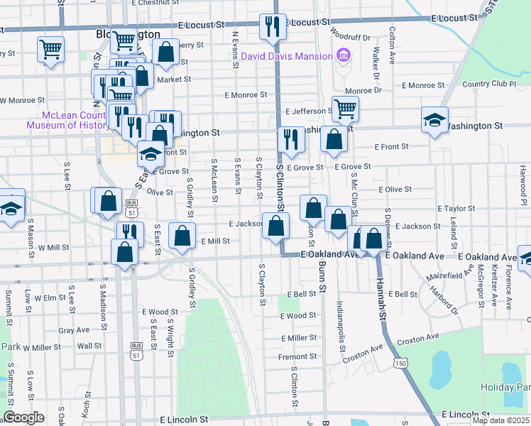 map of restaurants, bars, coffee shops, grocery stores, and more near 701 East Taylor Street in Bloomington