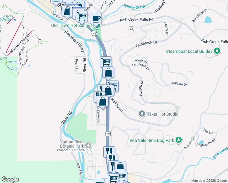 map of restaurants, bars, coffee shops, grocery stores, and more near 440 South Lincoln Avenue in Steamboat Springs