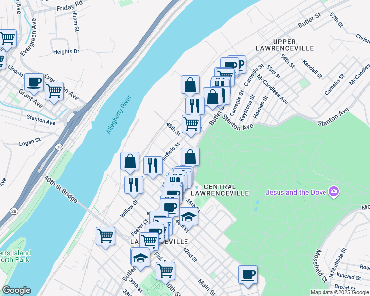 map of restaurants, bars, coffee shops, grocery stores, and more near 4745 Modoc Way in Pittsburgh