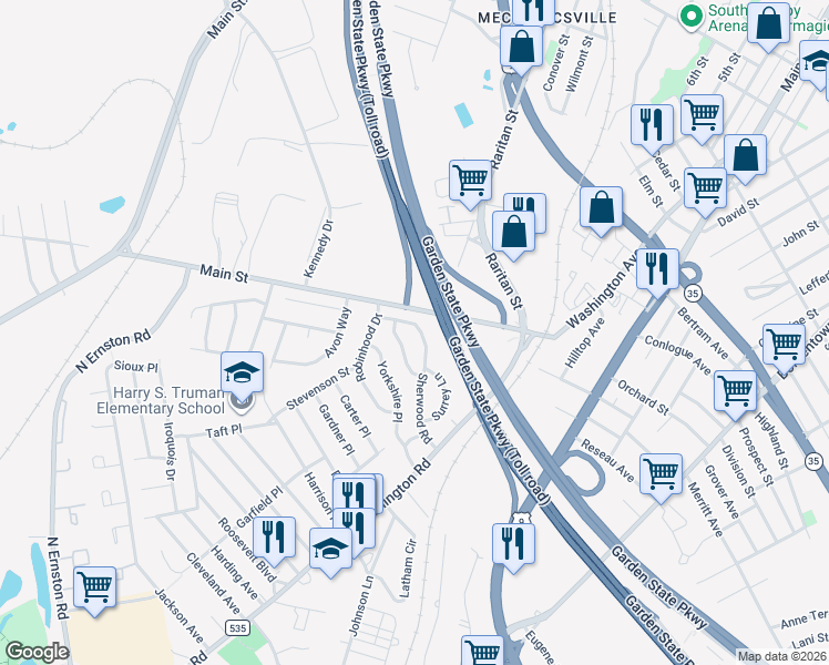 map of restaurants, bars, coffee shops, grocery stores, and more near 29 Sherwood Road in Sayreville