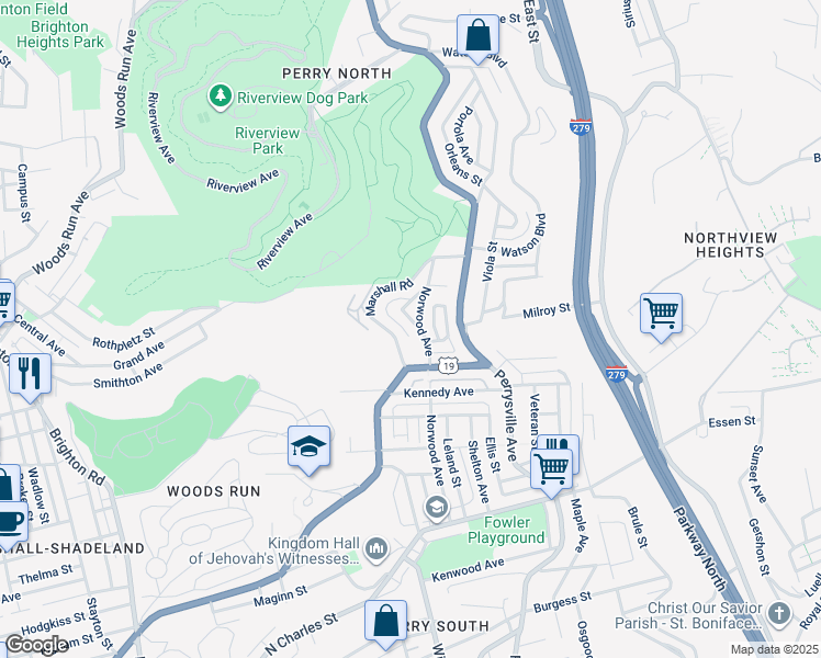 map of restaurants, bars, coffee shops, grocery stores, and more near 2932 Glenridge Way in Pittsburgh