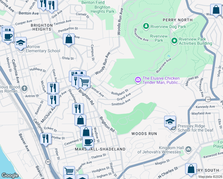 map of restaurants, bars, coffee shops, grocery stores, and more near 1034 Rothpletz Street in Pittsburgh