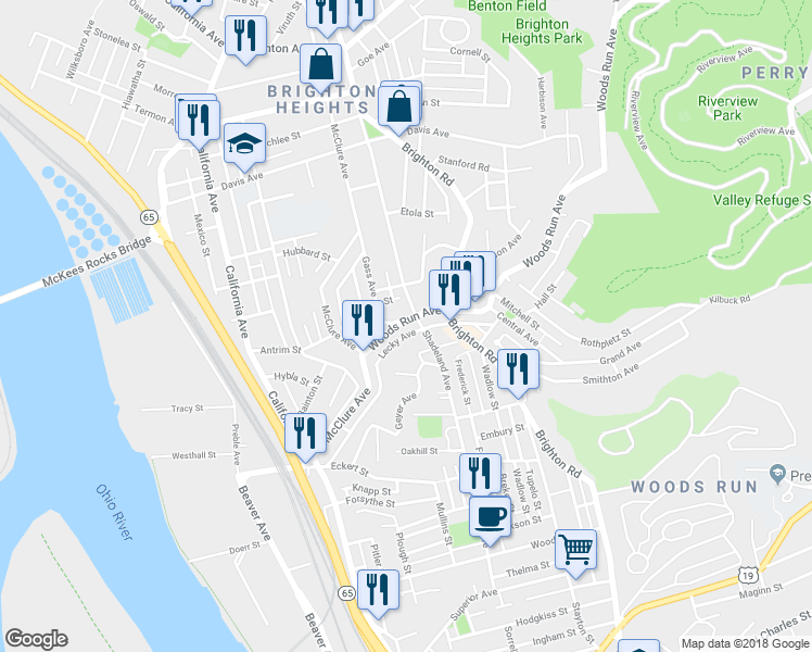 map of restaurants, bars, coffee shops, grocery stores, and more near 1403 Woods Run Avenue in Pittsburgh