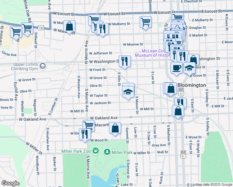 map of restaurants, bars, coffee shops, grocery stores, and more near 903 West Taylor Street in Bloomington