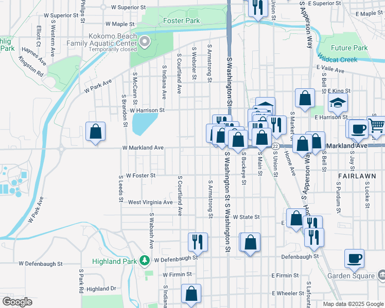 map of restaurants, bars, coffee shops, grocery stores, and more near 1011 South Webster Street in Kokomo