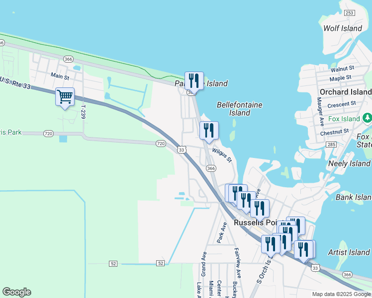 map of restaurants, bars, coffee shops, grocery stores, and more near 101 Wilgus Street in Russells Point
