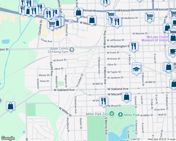 map of restaurants, bars, coffee shops, grocery stores, and more near 1313 West Taylor Street in Normal