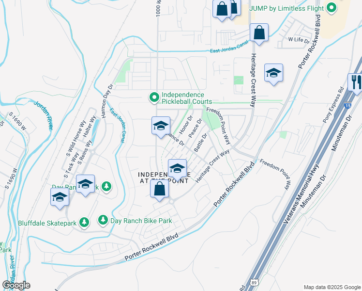 map of restaurants, bars, coffee shops, grocery stores, and more near 15157 Revolution Lane in Bluffdale