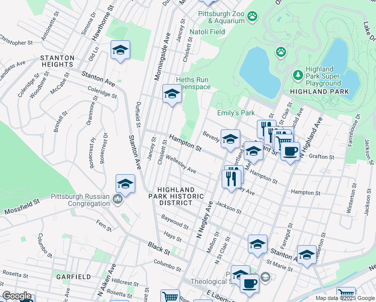 map of restaurants, bars, coffee shops, grocery stores, and more near 1035 King Ave in Pittsburgh