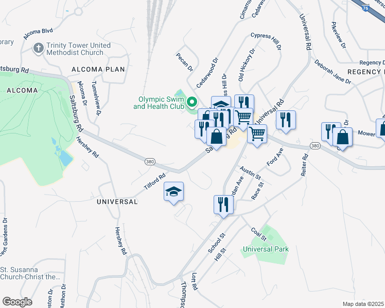 map of restaurants, bars, coffee shops, grocery stores, and more near 7151 Saltsburg Road in Allegheny County