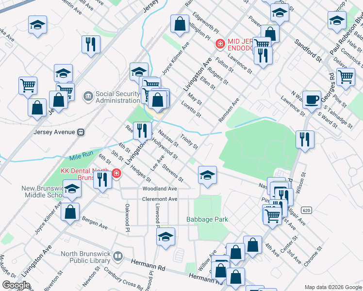 map of restaurants, bars, coffee shops, grocery stores, and more near 937 Nassau Street in North Brunswick Township