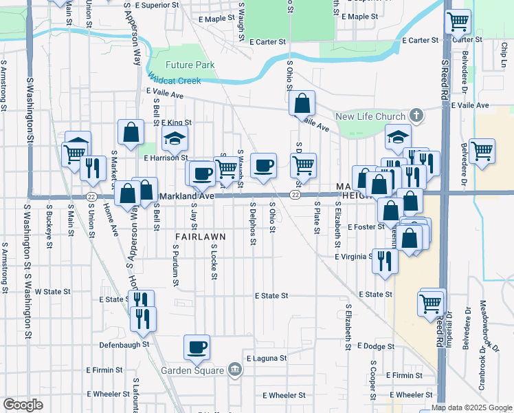 map of restaurants, bars, coffee shops, grocery stores, and more near 1016 South Delphos Street in Kokomo