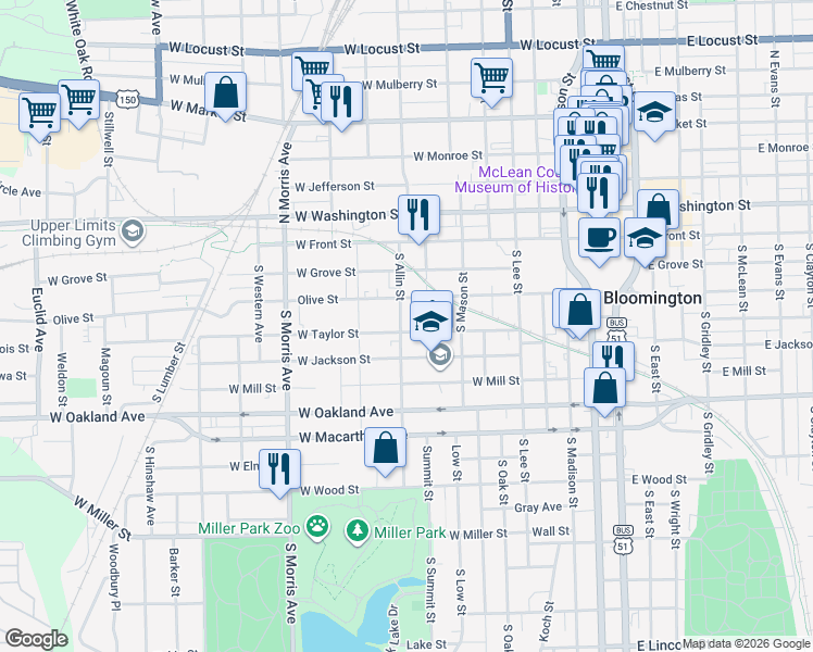 map of restaurants, bars, coffee shops, grocery stores, and more near 314 South Allin Street in Bloomington