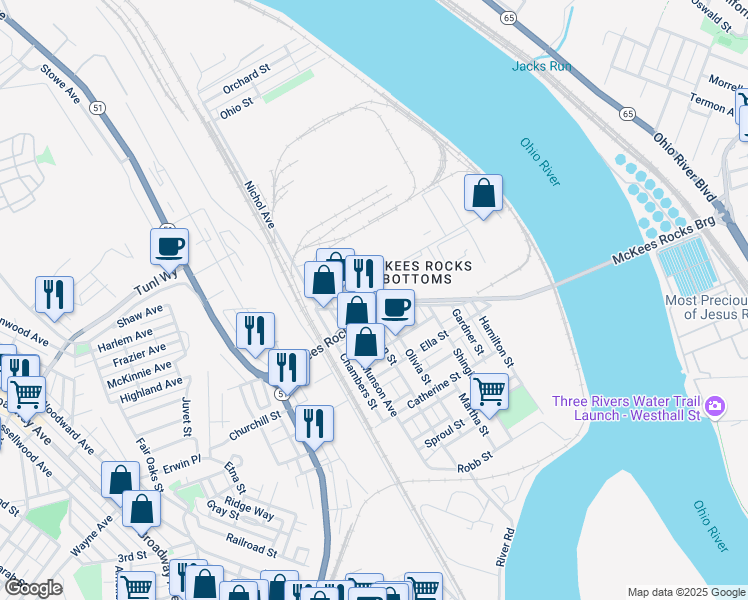 map of restaurants, bars, coffee shops, grocery stores, and more near 34 Olivia Street in McKees Rocks