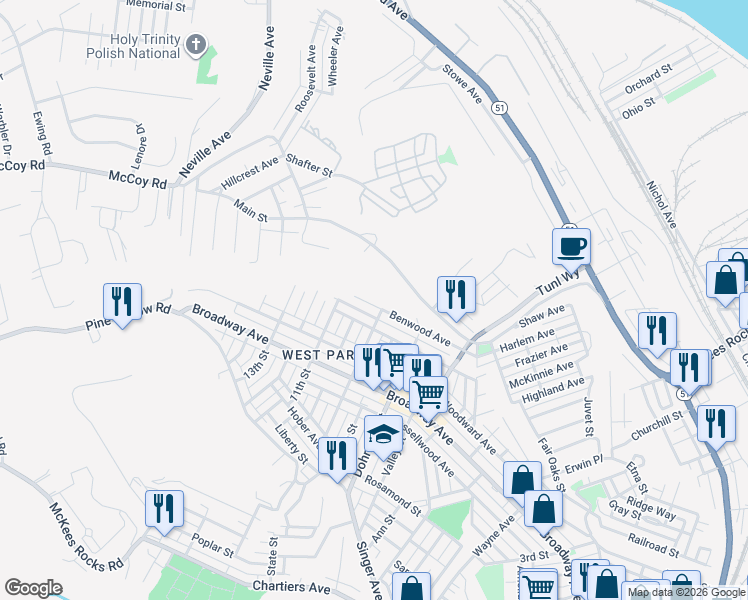 map of restaurants, bars, coffee shops, grocery stores, and more near 919 Benwood Avenue in McKees Rocks