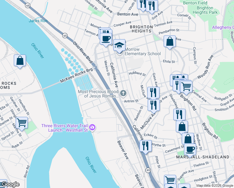 map of restaurants, bars, coffee shops, grocery stores, and more near 3333 California Avenue in Pittsburgh