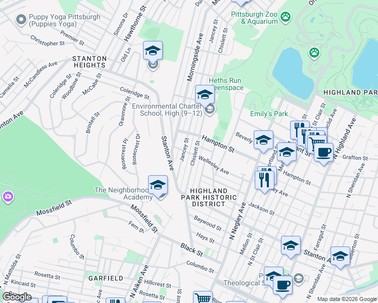 map of restaurants, bars, coffee shops, grocery stores, and more near 5311 Wellesley Avenue in Pittsburgh