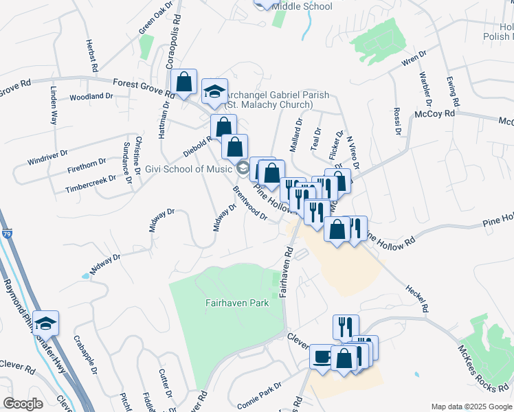 map of restaurants, bars, coffee shops, grocery stores, and more near 1767 Pine Hollow Road in McKees Rocks
