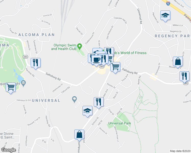 map of restaurants, bars, coffee shops, grocery stores, and more near 7248 Saltsburg Road in Pittsburgh