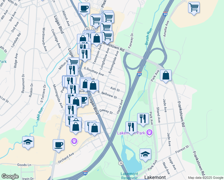 map of restaurants, bars, coffee shops, grocery stores, and more near 420-24 Ash St in Altoona