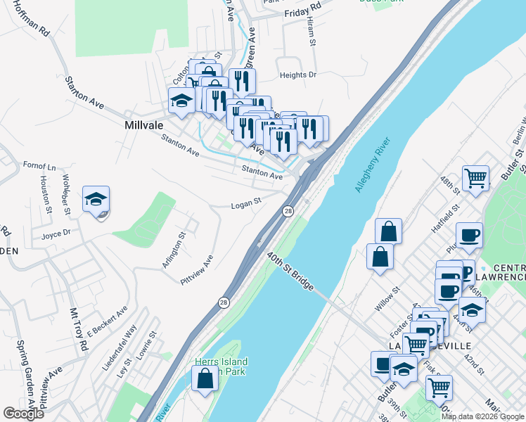 map of restaurants, bars, coffee shops, grocery stores, and more near 117 Shoup Street in Pittsburgh
