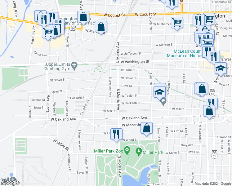 map of restaurants, bars, coffee shops, grocery stores, and more near 309 S Morris Ave in Bloomington
