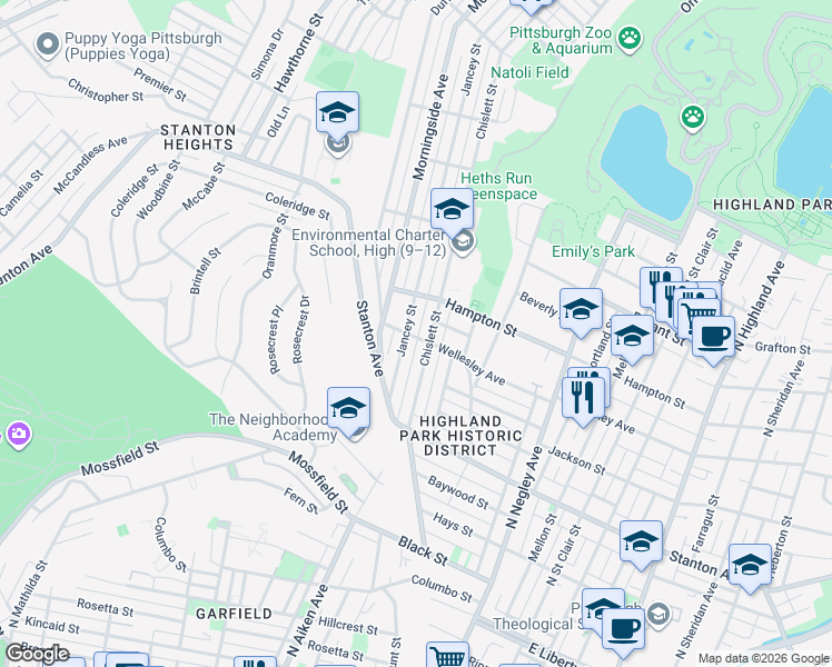 map of restaurants, bars, coffee shops, grocery stores, and more near 5309 Wellesley Avenue in Pittsburgh