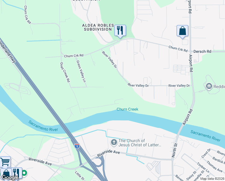 map of restaurants, bars, coffee shops, grocery stores, and more near 20175 Barn Owl Drive in Redding