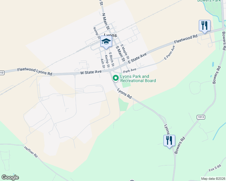 map of restaurants, bars, coffee shops, grocery stores, and more near 369 Lyons Road in Lyons