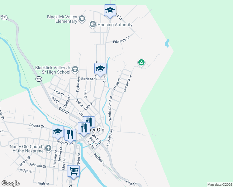 map of restaurants, bars, coffee shops, grocery stores, and more near 500-598 Lincoln Ave in Nanty Glo