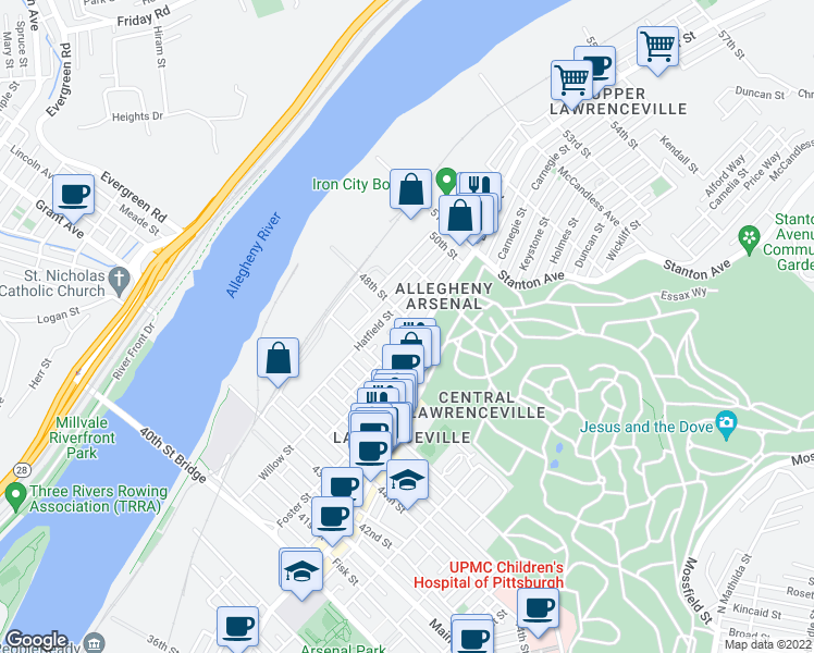 map of restaurants, bars, coffee shops, grocery stores, and more near 4745 Modoc Way in Pittsburgh
