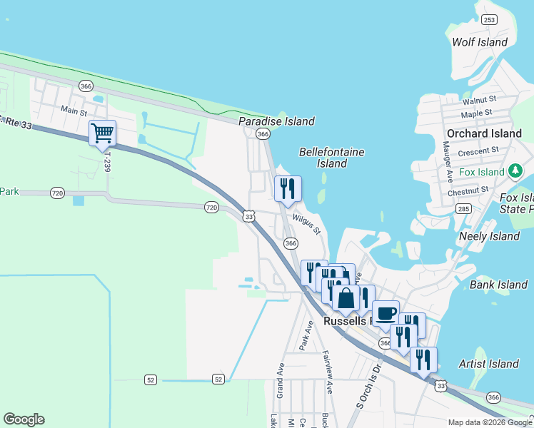 map of restaurants, bars, coffee shops, grocery stores, and more near 101-147 Wilgus Street in Russells Point