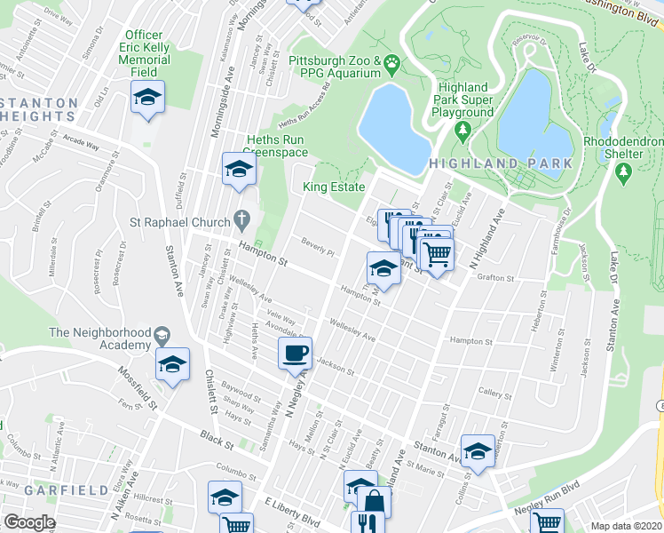 map of restaurants, bars, coffee shops, grocery stores, and more near 1121 North Negley Avenue in Pittsburgh
