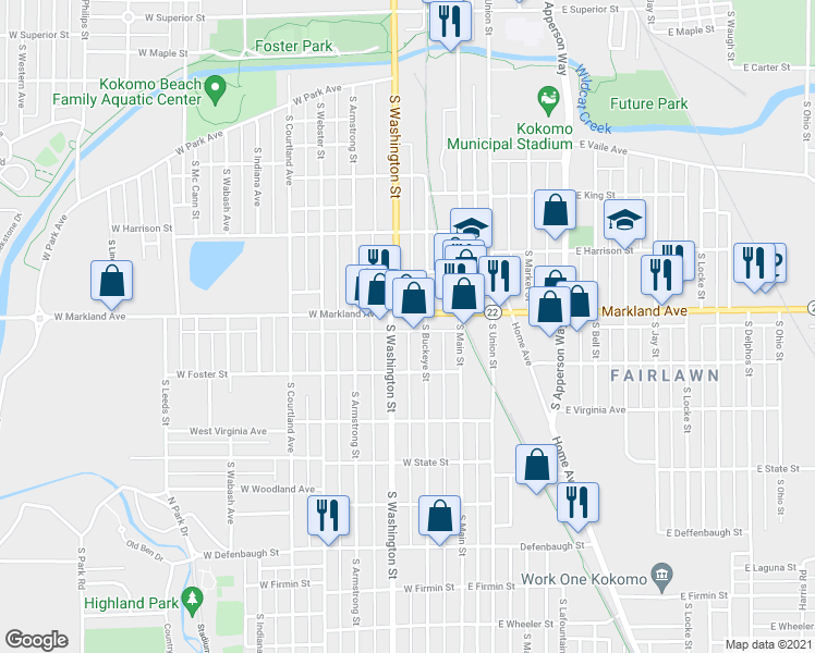 map of restaurants, bars, coffee shops, grocery stores, and more near 211 West Markland Avenue in Kokomo