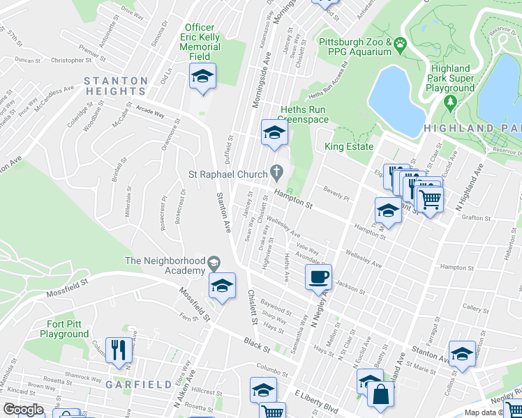 map of restaurants, bars, coffee shops, grocery stores, and more near 1007 Chislett Street in Pittsburgh