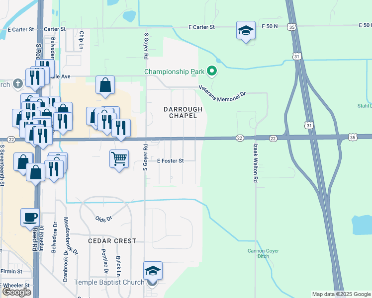 map of restaurants, bars, coffee shops, grocery stores, and more near 1021 Clark St in Kokomo