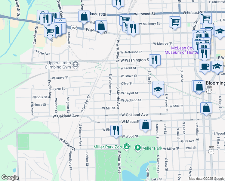 map of restaurants, bars, coffee shops, grocery stores, and more near 308 South Western Avenue in Bloomington