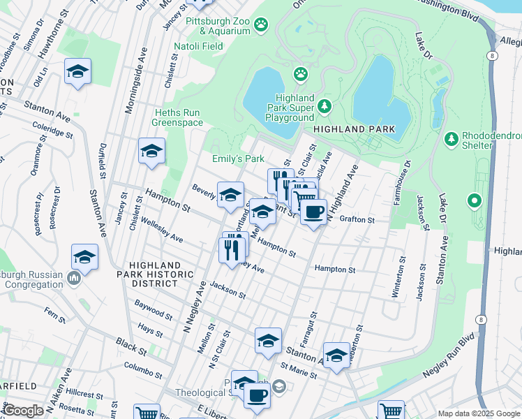 map of restaurants, bars, coffee shops, grocery stores, and more near 1136 Mellon Street in Pittsburgh